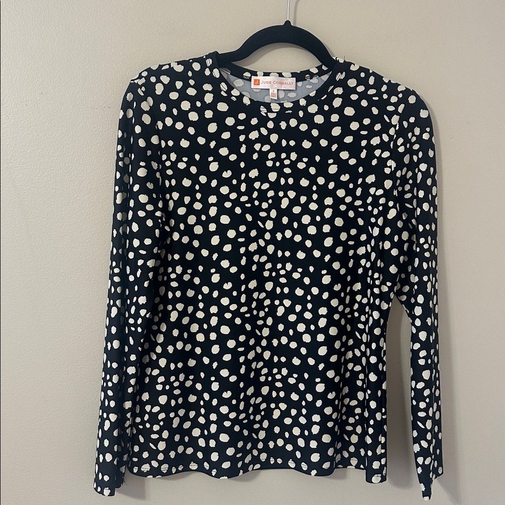 Jude Connally Women’s Long Sleeve Black Painted Spot Crewneck Top Sz Small Chic